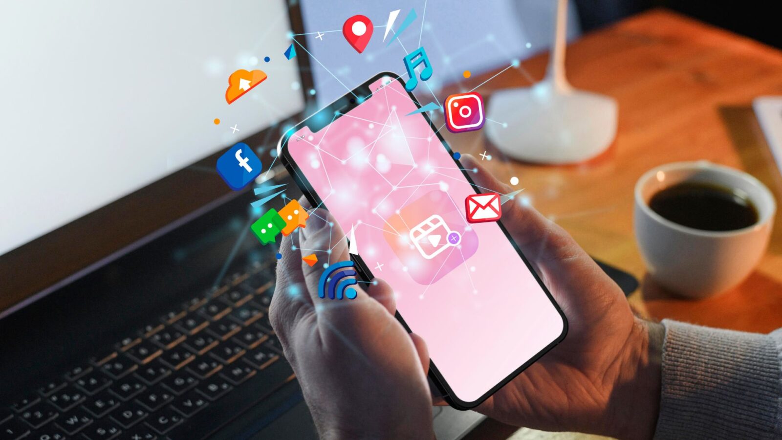 Celular com ícones das redes sociais e a tecnologia | tendências do mercado imobiliário em 2024